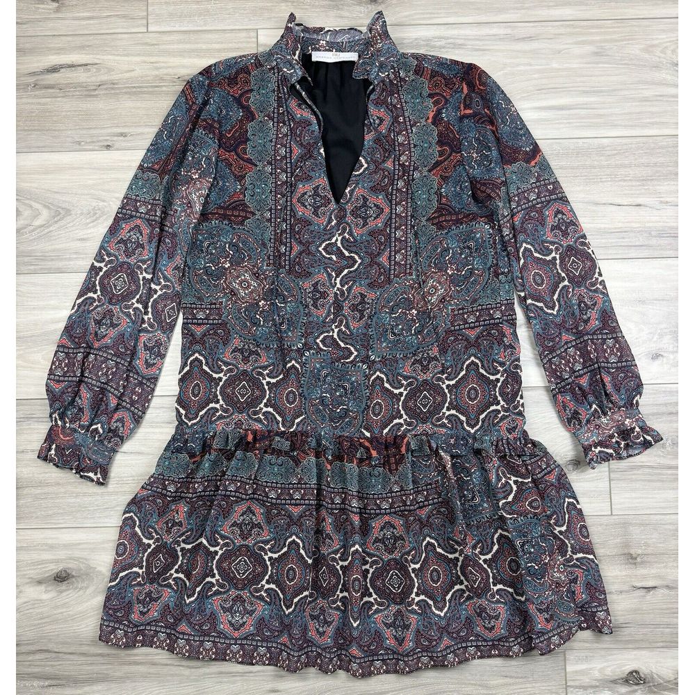 Revolve Amanda Uprichard Paisley Long Sleeve Drop Waist Tiered Shift Dress Sz S